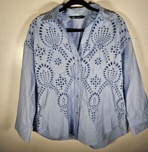Zara Women's Light Blue Eyelet Button-Up Shirt